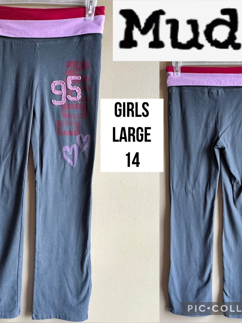 Mudd Girls Pants Yoga Y2K Fold Over Waist Wide Leg Gray “95” Stretch Large 14